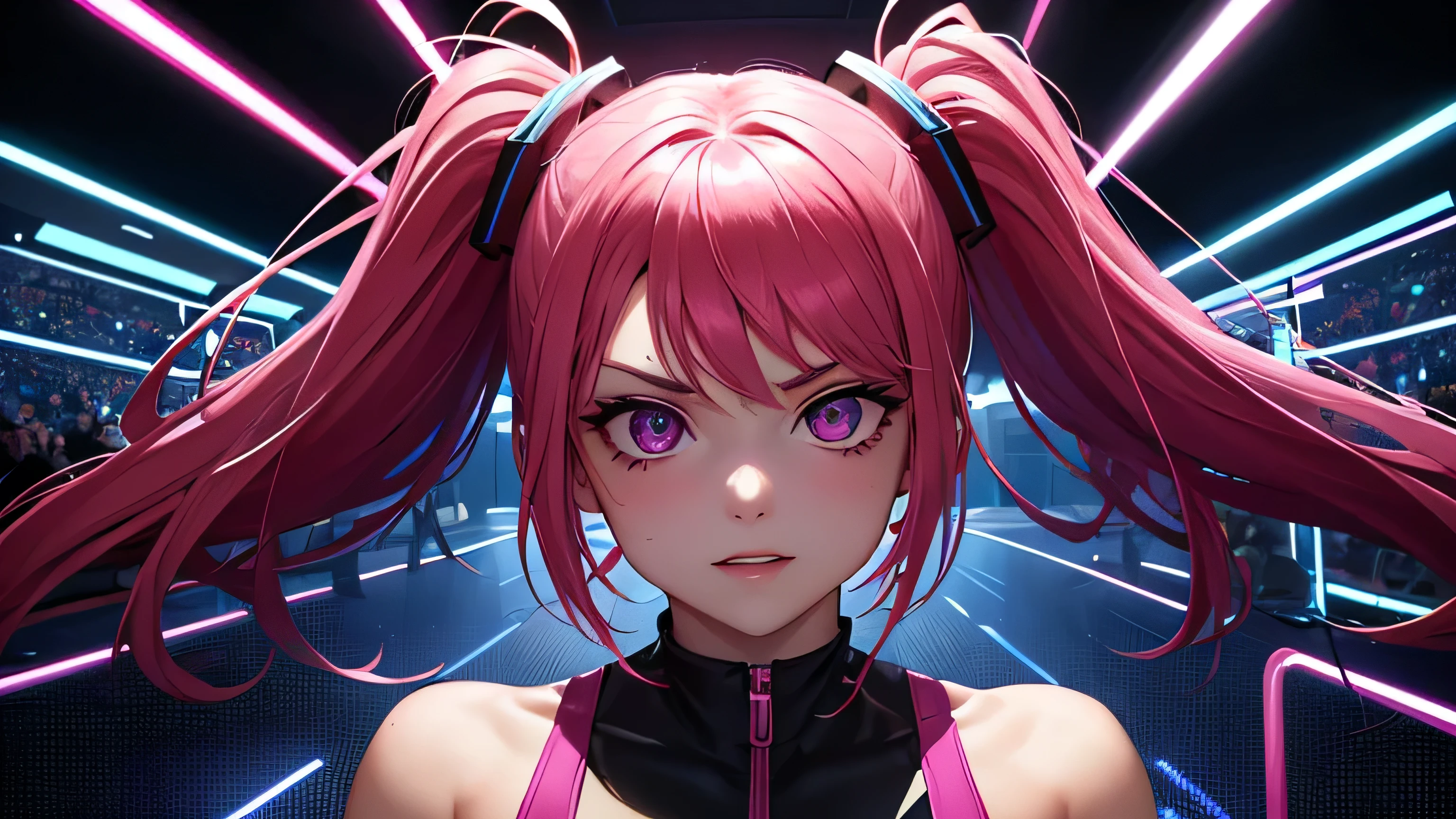 Create an image of a young woman with a wild, frenzied expression in a neon-lit gym. Her face should convey intense emotion and determination, with wide eyes and a fierce, almost unhinged smile. She is dressed in dynamic, high-performance workout gear that contrasts with the glowing neon lights around her. The gym is awash in vibrant neon colors—pinks, blues, and purples—that reflect off the equipment and create a surreal, energetic atmosphere. The lighting should enhance the dramatic, chaotic mood, with the neon hues accentuating her dramatic expression and the overall intensity of the scene