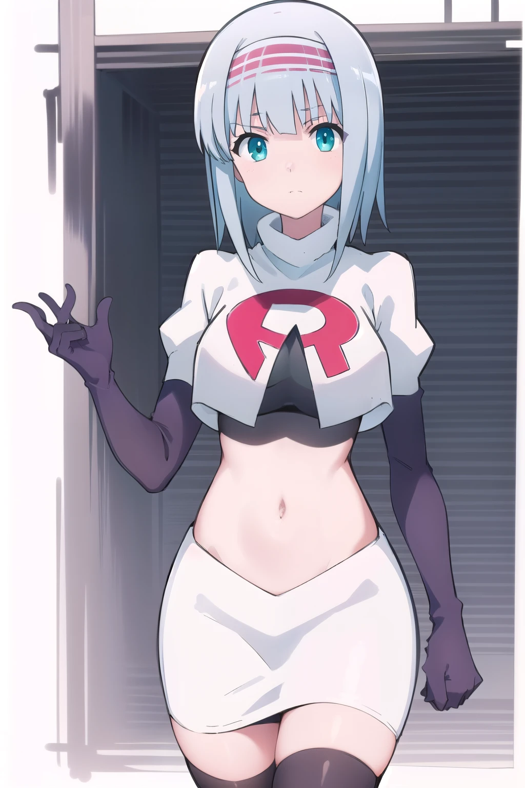 solo, 1girl, looking at viewer, 2D, anime, anime coloring, (simple background, solid white background:1.3),  linze silhoueska, team rocket,team rocket uniform,white skirt,red letter R,crop top,black thigh-highs,black elbow gloves