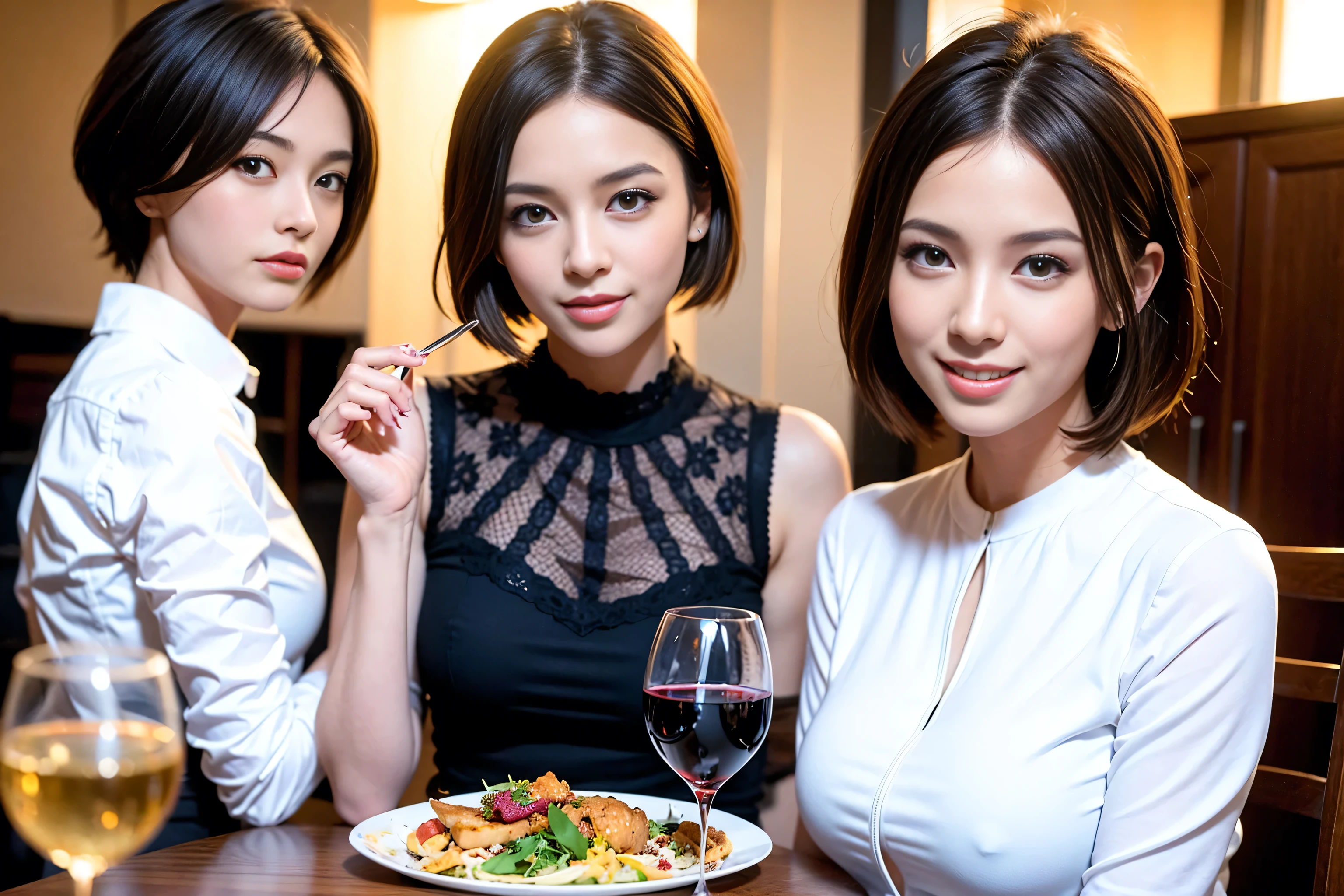 (Realistic:1.1),(masterpiece,Highest quality),8k,(49 years old), 50 years old,ベリーslim、 slimカップル、Tight waist,Upper Body,full-course dinner、wine 、Amazing view of the sunset sky and clouds、Perfect Anatomy, Brown Hair, short hair,Random Hairstyles,((Highly detailed face and eyes:1.2)),Perfect golden ratio face,Long sleeve shirt、dress,(smile:1.2)、Shortcuts、cute、(Realistic, Intricate details:1.2), A bright smile、short hair,Bright Face、赤wine 、Appetizers、Italian food、wine bottle、Champagne、スパークリングwine、(slimな顔), (The body is slim), (Brown Hair), (Shortcuts), Upper Body, 白wine, slim, wineグラス,