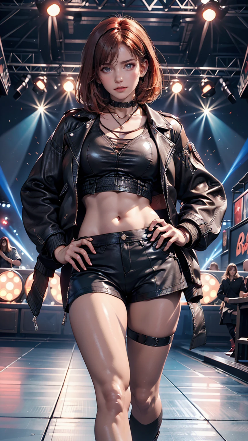 24-year-old woman、Red hair、Bob Hair((bob cut))、Leather shorts((panties))、T-shirt with hard rock band logo printed on it、Leather midriff jacket((midriff jacket))、Leather choker、Leather Wristbands、Heavy makeup、Place hands on hips、Stiletto heels、Rock Festival Venues、An exciting atmosphere