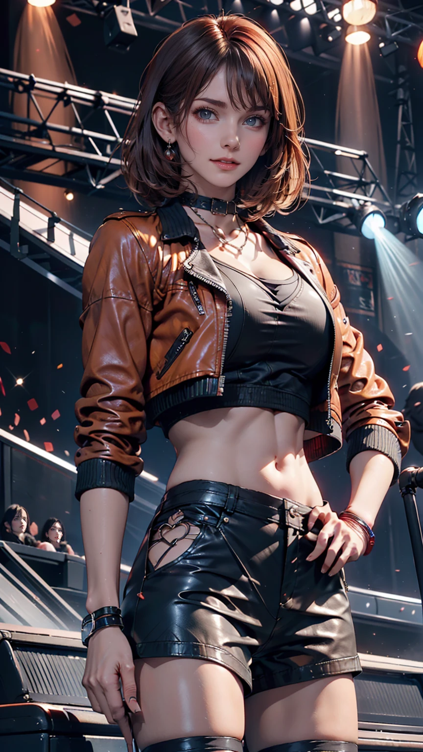 24-year-old woman、Red hair、Bob Hair((bob cut))、Leather shorts((panties))、T-shirt with hard rock band logo printed on it、Leather midriff jacket((midriff jacket))、Leather choker、Leather Wristbands、Heavy makeup、Place hands on hips、Stiletto heels、Rock Festival Venues、An exciting atmosphere