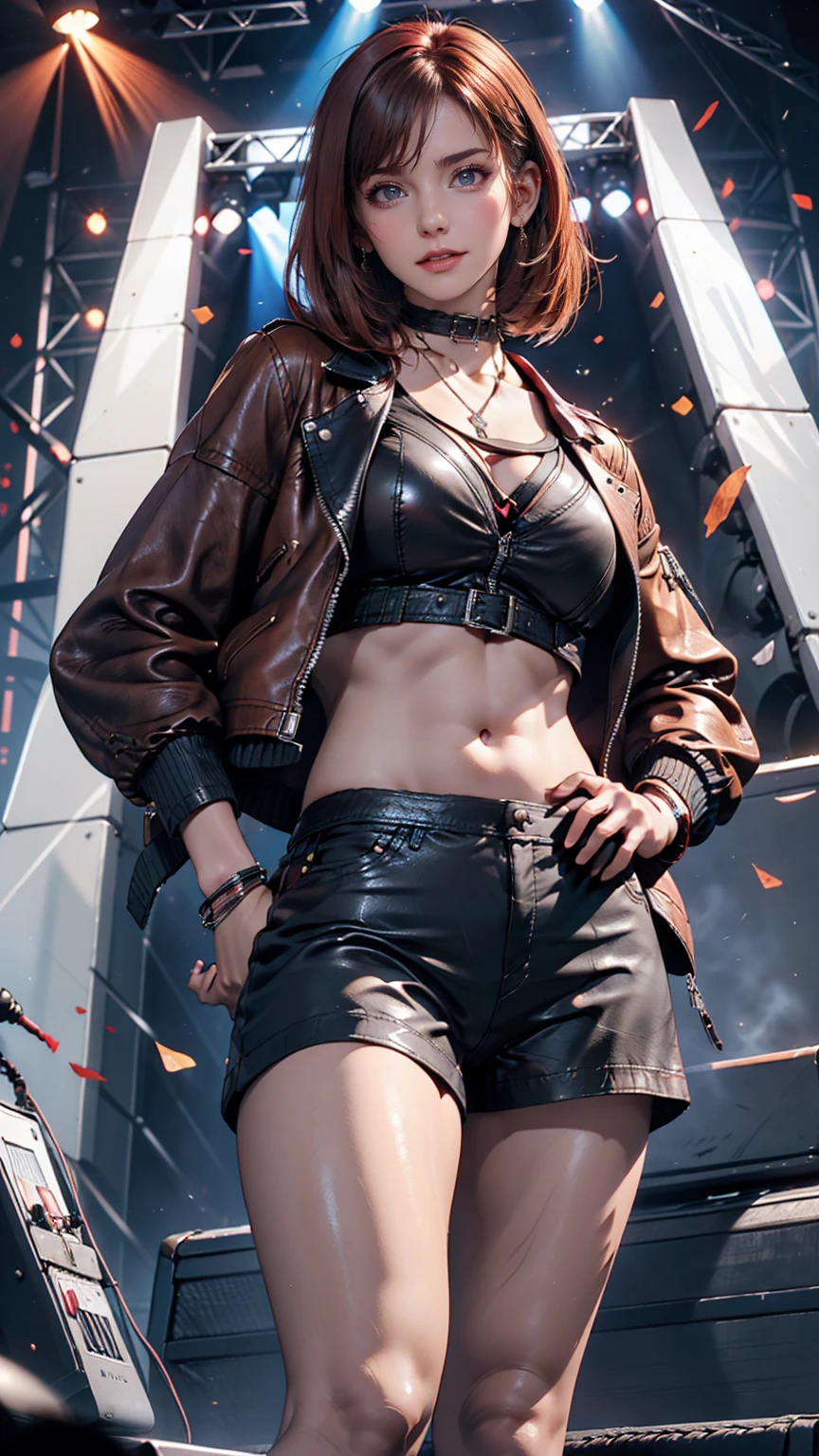 24-year-old woman、Red hair、Bob Hair((bob cut))、Leather shorts((panties))、T-shirt with hard rock band logo printed on it、Leather midriff jacket((midriff jacket))、Leather choker、Leather Wristbands、Heavy makeup、Place hands on hips、Stiletto heels、Rock Festival Venues、An exciting atmosphere