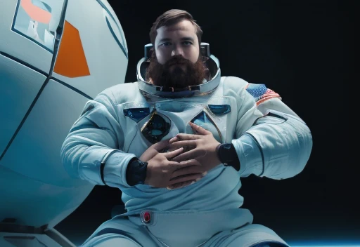 (((Bearded, chubby astronaut with extremely thick thighs is kneeling with his hand on his chest feeling a lot of pain))), icy mountains snowy place, the Astronaut using binoculars to observe( frontal image) Holding a pair of binoculars. dynamic photography.oogando down, fainting from pain, (((in front of the astronaut there are 2 robots on the left and right side they have a right hand Pointed at the Expectant Protecting the astronaut))) , he wears full space astronaut uniform.