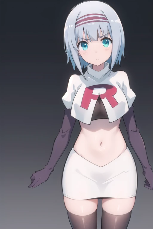 solo, 1girl, looking at viewer, 2D, anime, anime coloring, (simple background, solid white background:1.3),  linze silhoueska, team rocket,team rocket uniform,white skirt,red letter R,crop top,black thigh-highs,black elbow gloves