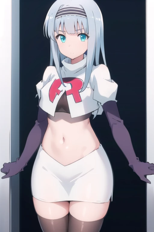 solo, 1girl, looking at viewer, 2D, anime, anime coloring, (simple background, solid white background:1.3),  linze silhoueska, team rocket,team rocket uniform,white skirt,red letter R,crop top,black thigh-highs,black elbow gloves