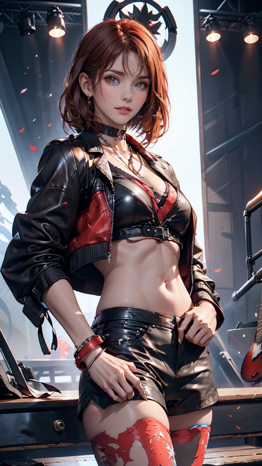 24-year-old woman、Red hair、Bob Hair((bob cut))、Leather shorts((panties))、Hard Rock Band((Metallica))T-shirt with logo printed on it、Leather midriff jacket((midriff jacket))、Leather choker、Leather Wristbands、Heavy makeup、Place hands on hips、Stiletto heels、Rock Festival Venues、An exciting atmosphere