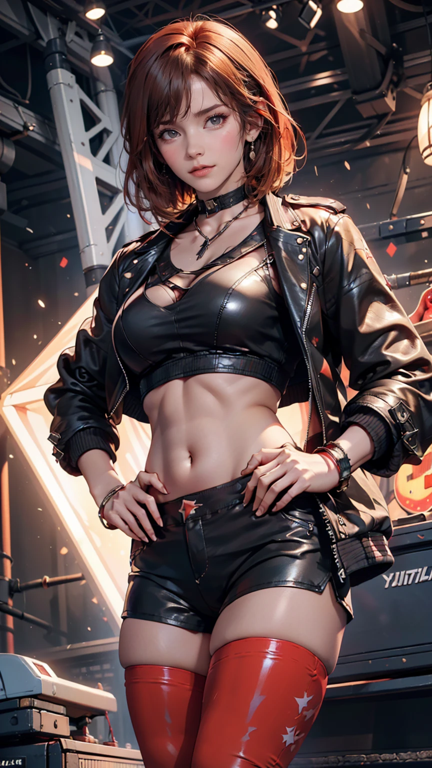 24-year-old woman、Red hair、Bob Hair((bob cut))、Leather shorts((panties))、Hard Rock Band((Metallica))T-shirt with logo printed on it、Leather midriff jacket((midriff jacket))、Leather choker、Leather Wristbands、Heavy makeup、Place hands on hips、Stiletto heels、Rock Festival Venues、An exciting atmosphere