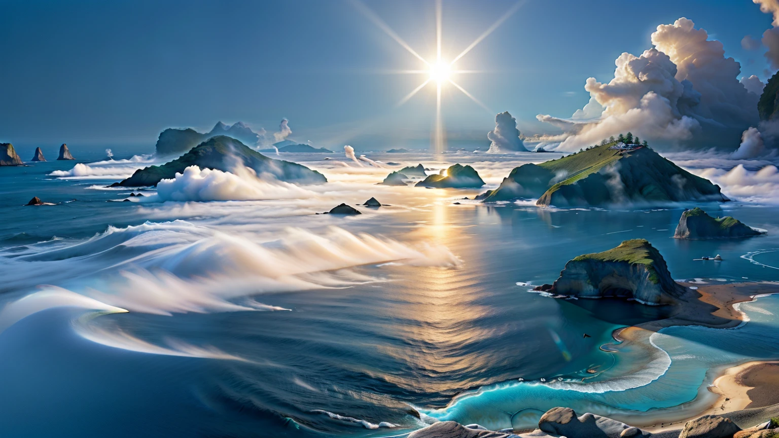 ocean, without the presence of land, mist over water, sun rays touching the water through the fog.