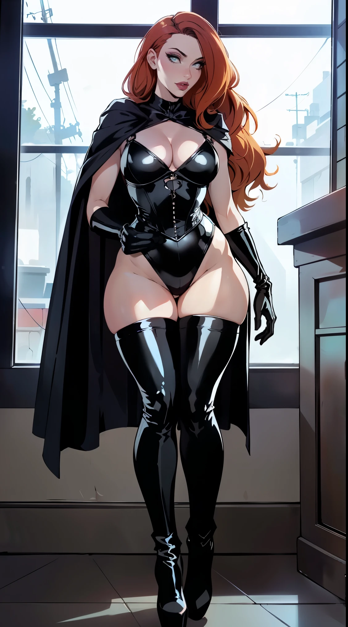 black Widow, full body view, pretty long hair, latex black corset leotard harness, thigh high platform boots, long black latex gloves, extremely thin waist, big fit ass hips, big fit ass , Black lipstick and makeup, blackstockings, Black drag socks, latex cape
