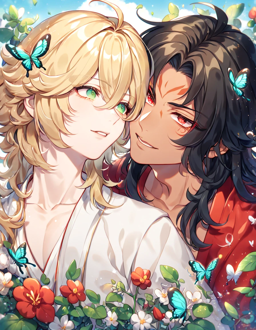 absurdres, highres, ultra detailed, HDR, master piece, best quality, extremely detailed face, delicated features, tanned skin, long black hair, messy hair, expressive red eyes, Asura & Taishakuten, blond hair, expressive green eyes, Onmyoji, two sexy men together, yaoi, gay couple, handsome, red haori, white robes, fantasy, magical, butterflies, summer, green leaves, flowers, blue sky, Asutai