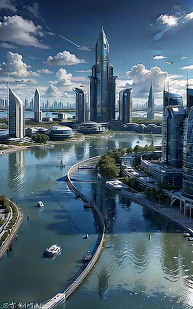 The future Biocity on the site of the old Portsmouth, new hanle. There is a mix of old and new buildings here, Green Spaces, and water features. It also has six large artificial floating islands.,(Zenith angle),
((By Iwan Baan)),
Coastal cities,Blue sky and white clouds,sunny,Ultra wide angle,
