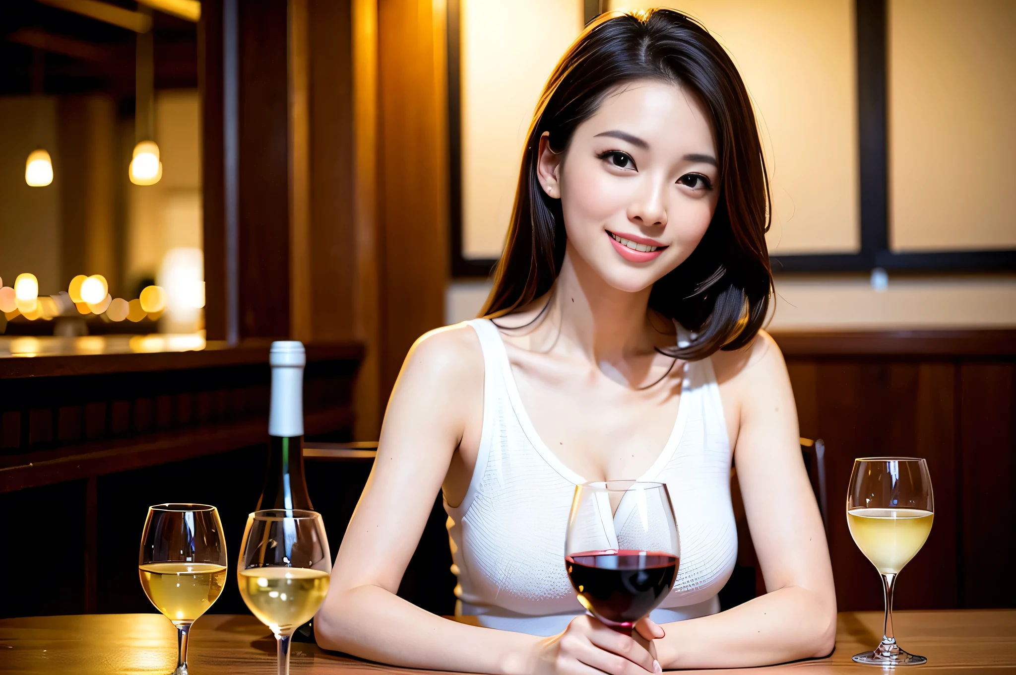 (hair, Ultra-high resolution, Highest quality, masterpiece: 1.2), (Realistic, photoRealistic: 1.37), Very detailed, 1 pretty woman, (Slim face), (The body is slim), (Brown Hair), (Shortcuts), cheeks turn a little red, (44 years old), 38 years old, alone, Beautiful detailed cityscape outside the window, restaurant, Wine glass sits, At night, NovaFrogStyle in a prominent place, actress, model, Upper Body, White wine, slim, wine glass, Super Clean night View, wine glass Put in the Middle, Happy smile, (smile: 1.15), Beautiful Eyes, Upper Body, Destroy Japan, night, short, short, actress, model, Upper Body, White wine, slim, wine glass, Super Clean night View, wine glass Put in the Middle, Happy smile,
