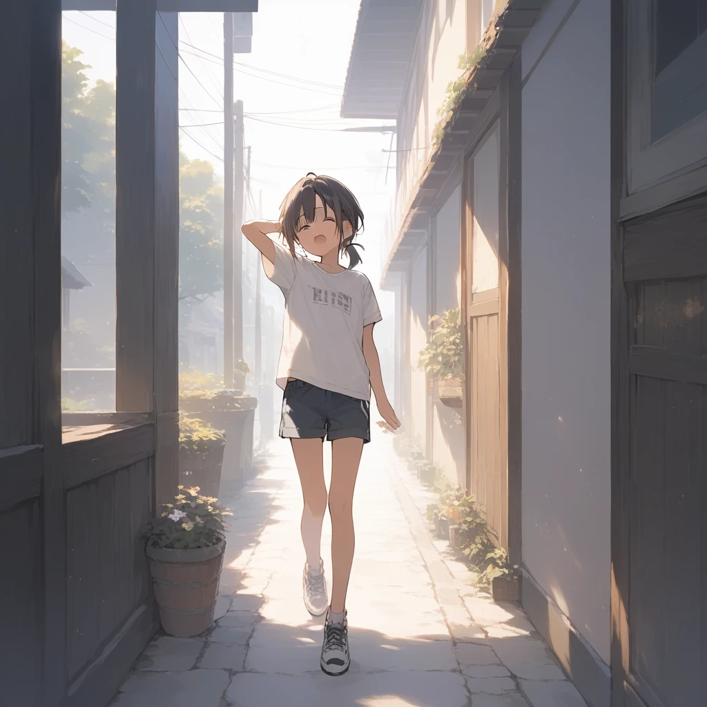 score_9, score_8_up, score_7_up, source_anime, best quality, masterpiece, official art, absurdres, highres, ultra-detailed,waifu2x,Collection: Slice of Life,break,1girl, tomboy, dark-skinned female, short hair, low ponytail, flat chest, beautiful detailed eyes, short shorts, sweat, open mouth, (yawn:0.3), sleepily, outdoors, wind, break,(clear line illustration:1.2),very high resolution, very aesthetic, super detailed skin, Best sexual lighting powered by famous artist, 8k,cute picture,beauty illustration,photoshop_(medium),,(Detailed Lighting),best anime 8k konachan wallpaper, pixiv contest winner,