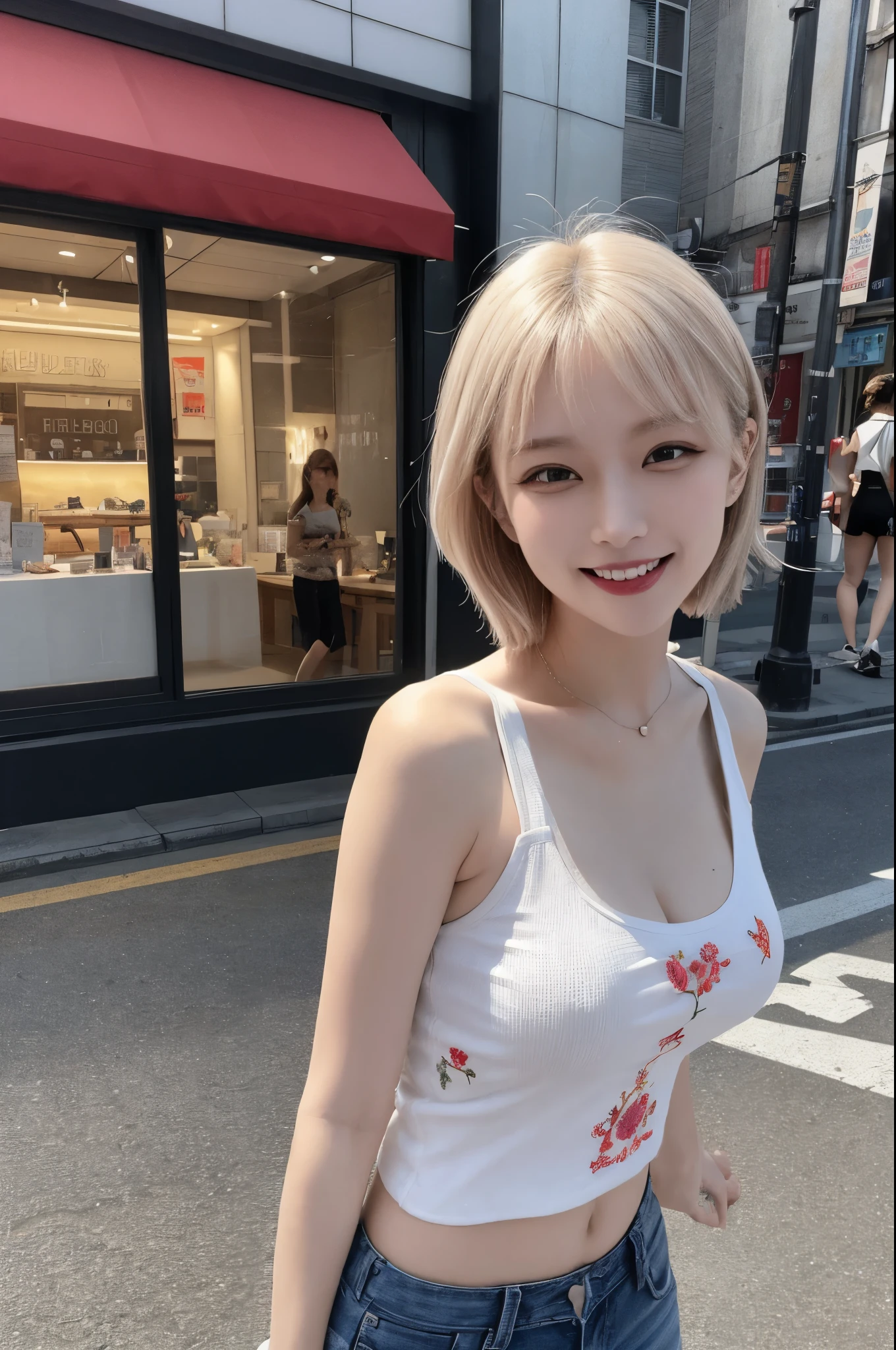 Tabletop, Highest quality, figure, Very detailed, In detail, High resolution, 8k wallpaper, Perfect dynamic composition, Beautiful attention to detail, Tank top clothes, Medium Hair, Center of chest, Natural color lip, Random sexy poses, Can be embroidered, smile, Aoyama Street Walk, BIG Laugh,