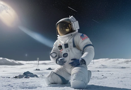(((Bearded, chubby astronaut with extremely thick thighs is kneeling with his hand on his chest feeling a lot of pain))), icy mountains snowy place, the Astronaut using binoculars to observe( frontal image) Holding a pair of binoculars. dynamic photography.oogando down, fainting from pain, (((in front of the astronaut there are 2 robots on the left and right side they have a right hand Pointed at the Expectant Protecting the astronaut))) , he wears full space astronaut uniform.