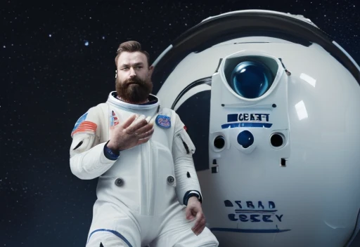(((Bearded, chubby astronaut with extremely thick thighs is kneeling with his hand on his chest feeling a lot of pain))), icy mountains snowy place, the Astronaut using binoculars to observe( frontal image) Holding a pair of binoculars. dynamic photography.oogando down, fainting from pain, (((in front of the astronaut there are 2 robots on the left and right side they have a right hand Pointed at the Expectant Protecting the astronaut))) , he wears full space astronaut uniform.
