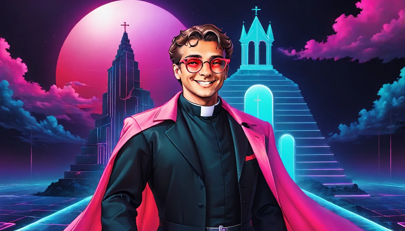Raven, smiling in a sadistic and disturbing way, priest's suit with red stripes, red vest under the trench coat, round red glasses, background vaporwave.