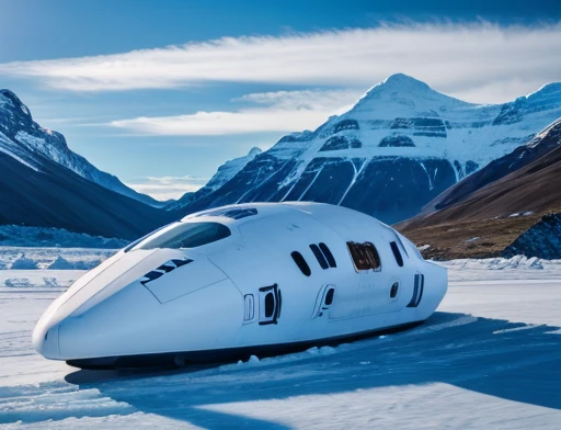 dynamic photography. Spaceship flying low over icy mountains