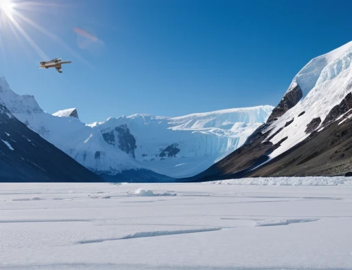 dynamic photography. Spaceship flying low over icy mountains
