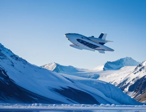 dynamic photography. Spaceship flying low over icy mountains