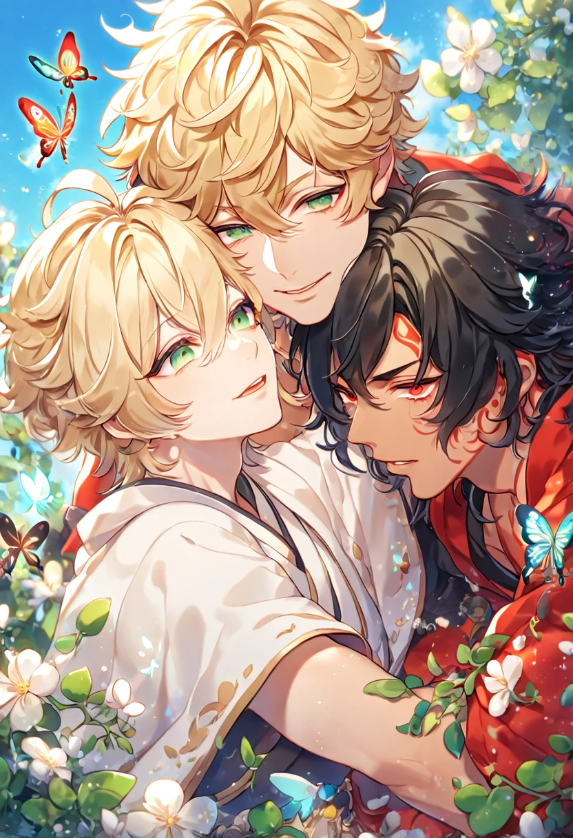 absurdres, highres, ultra detailed, HDR, master piece, best quality, extremely detailed face, delicated features, tanned skin, long black hair, messy hair, expressive red eyes, Asura & Taishakuten, blond hair, expressive green eyes, Onmyoji, two sexy men together, yaoi, gay couple, handsome, red haori, white robes, fantasy, magical, butterflies, summer, green leaves, flowers, blue sky, Asutai