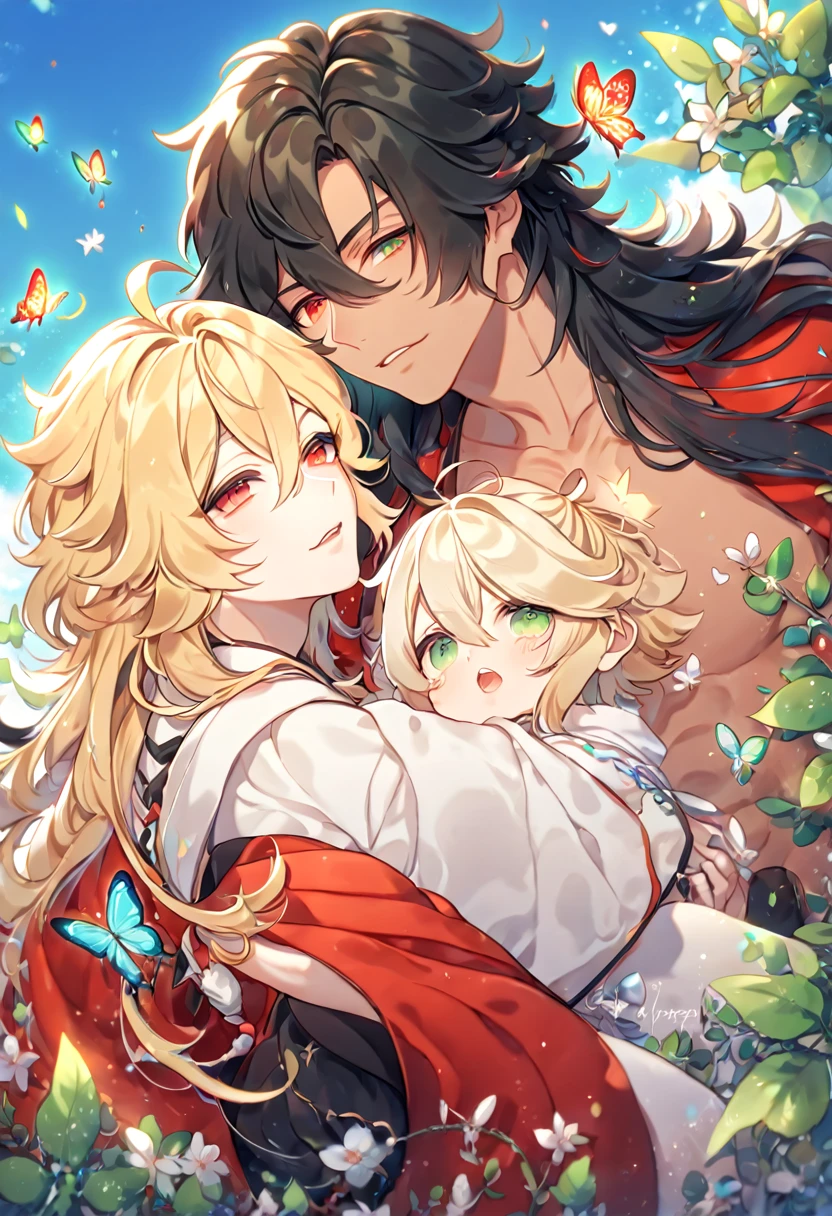 absurdres, highres, ultra detailed, HDR, master piece, best quality, extremely detailed face, delicated features, tanned skin, long black hair, messy hair, expressive red eyes, Asura & Taishakuten, blond hair, expressive green eyes, Onmyoji, two sexy men together, yaoi, gay couple, handsome, red haori, white robes, fantasy, magical, butterflies, summer, green leaves, flowers, blue sky, Asutai
