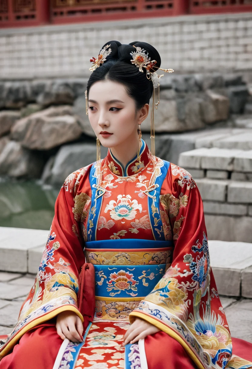 A woman seen from the front, sitting facing forward with her legs apart. Empress of the Qing Dynasty, Chinese imperial court. The Chinese empress is wearing a crown and a red Manchu dress with a floral pattern, open at the front, exposing her chest, lower abdomen, thighs and feet.。She is wearing no underwear, and her large breasts are exposed, right down to her bare stomach. Her hair is tied up and pulled up, and the background is the stone pavement of the Chinese palace of the Qing Dynasty.