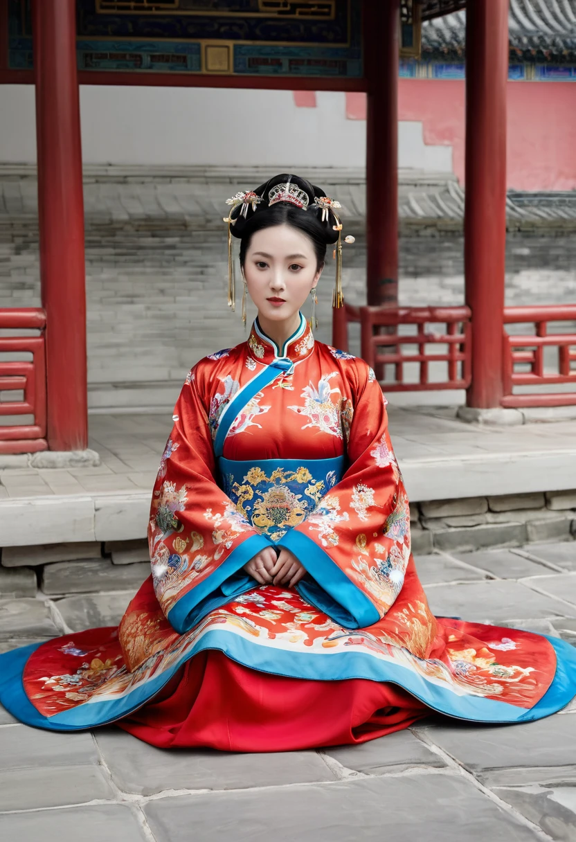 A woman seen from the front, sitting facing forward with her legs apart. Empress of the Qing Dynasty, Chinese imperial court. The Chinese empress is wearing a crown and a red Manchu dress with a floral pattern, open at the front, exposing her chest, lower abdomen, thighs and feet.。She is wearing no underwear, and her large breasts are exposed, right down to her bare stomach. Her hair is tied up and pulled up, and the background is the stone pavement of the Chinese palace of the Qing Dynasty.