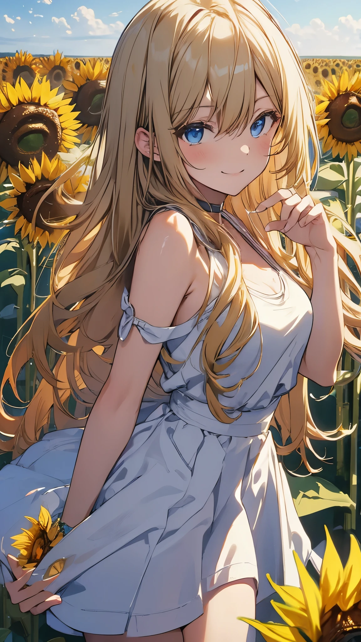 (masterpiece:1.3), (best quality:1.2), {8k, ultra detailed, ultra high res:1.2}, ((anime style)), perfect 5 fingers, perfect anatomy,
1girl,
BREAK long hair, wavy hair, (White camisole:1.1),
(blonde hair),
(blue eyes),
medium breasts,
BREAK smile, sunflowers, (sunflowers field:1.3),
cowboy shot,