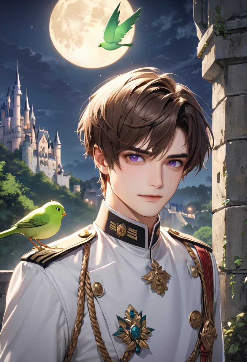 1 male　Brown hair and eyebrows　Long Bangs　 Purple Eyes　White military uniform　full moon　Inside the castle　A thin green bird