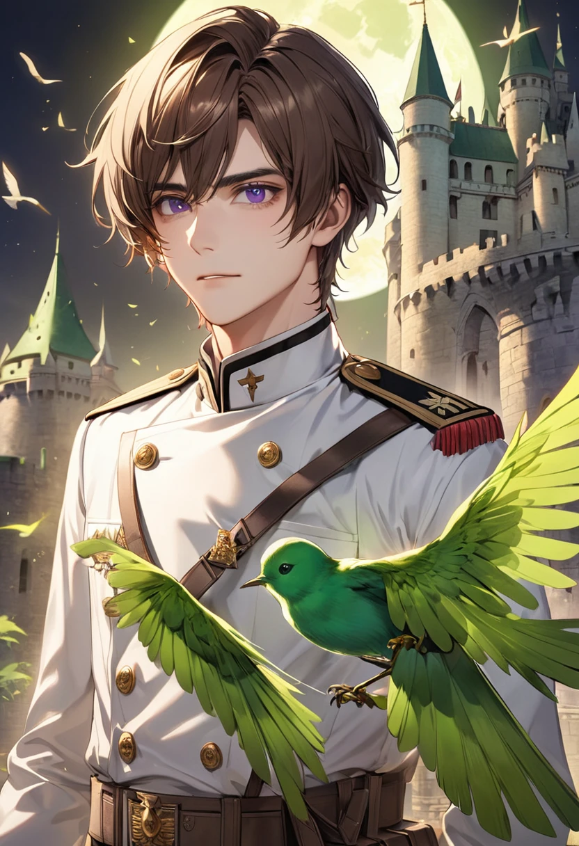 1 male　Brown hair and eyebrows　Long Bangs　 Purple Eyes　White military uniform　full moon　Inside the castle　A thin green bird