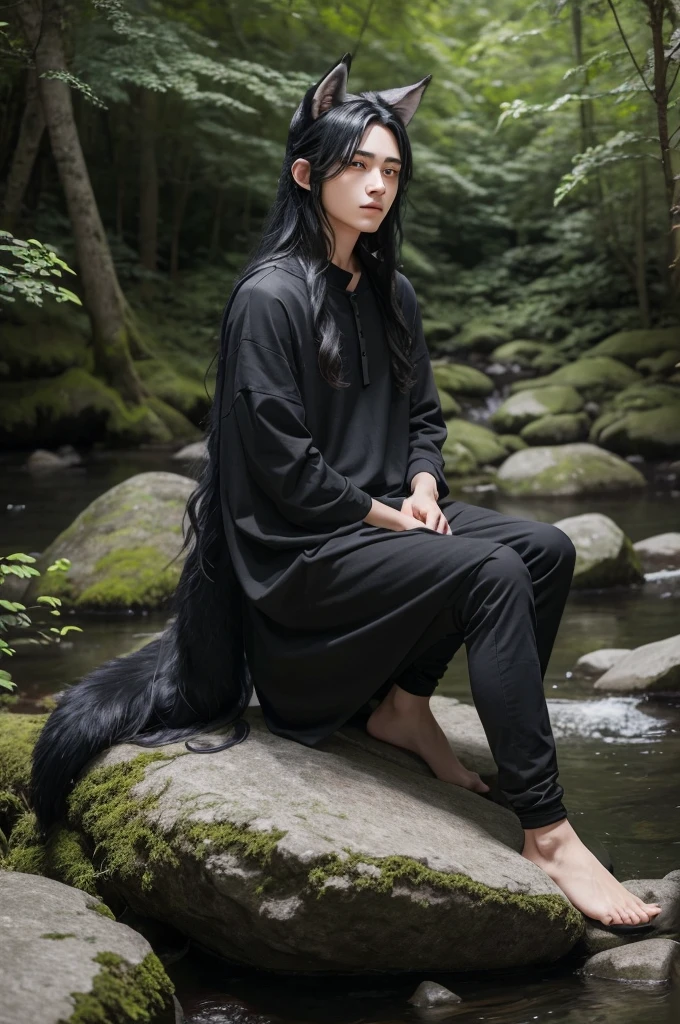 A young man with wolf ears and fluffy wolf tail long flowing black hair gray slanted eyes and the other in black elegant casual clothes sitting on a rock in the magical forest