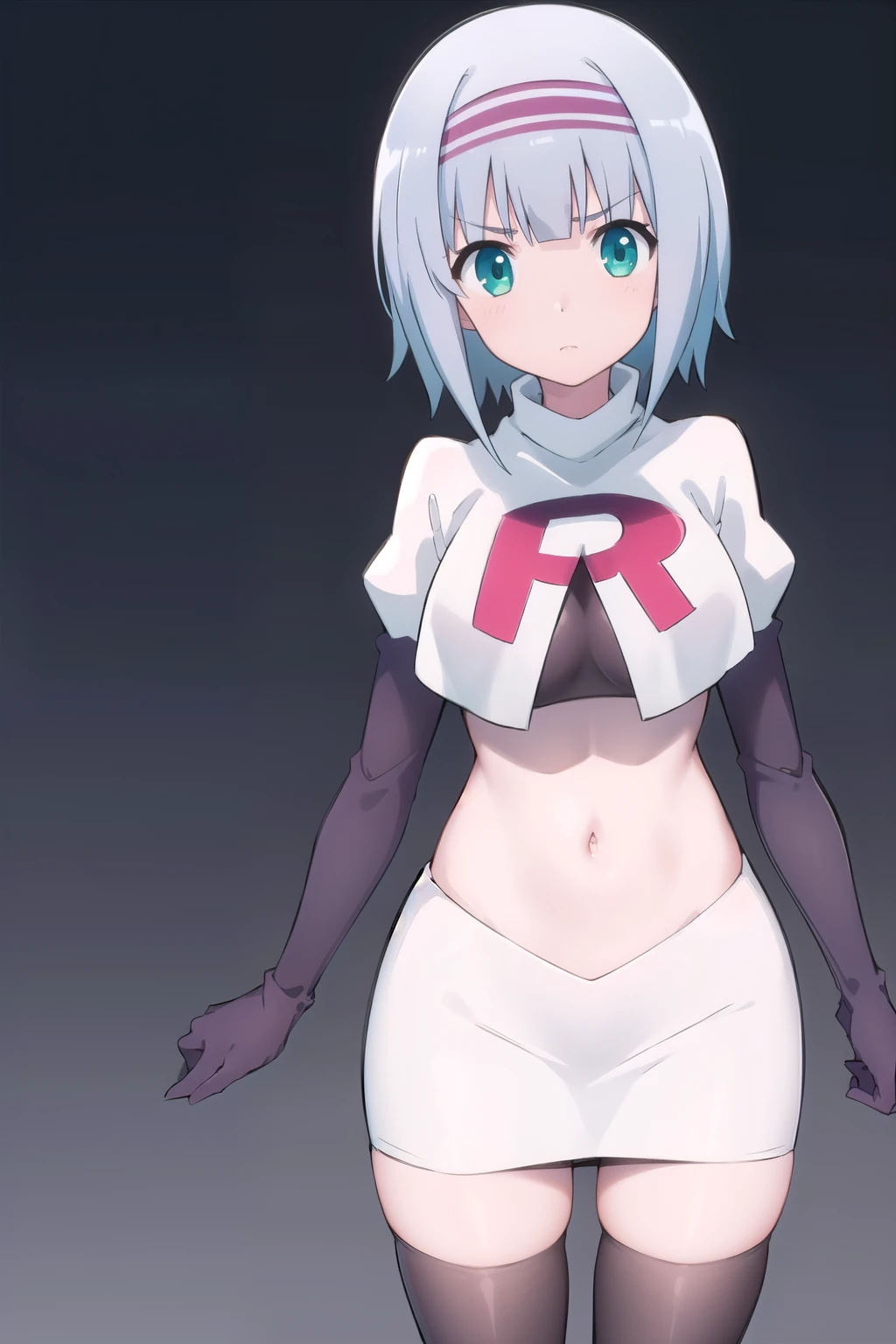 solo, 1girl, looking at viewer, 2D, anime, anime coloring, (simple background, solid white background:1.3), linze silhoueska, team rocket,team rocket uniform,white skirt,red letter R,crop top,black thigh-highs,black elbow gloves