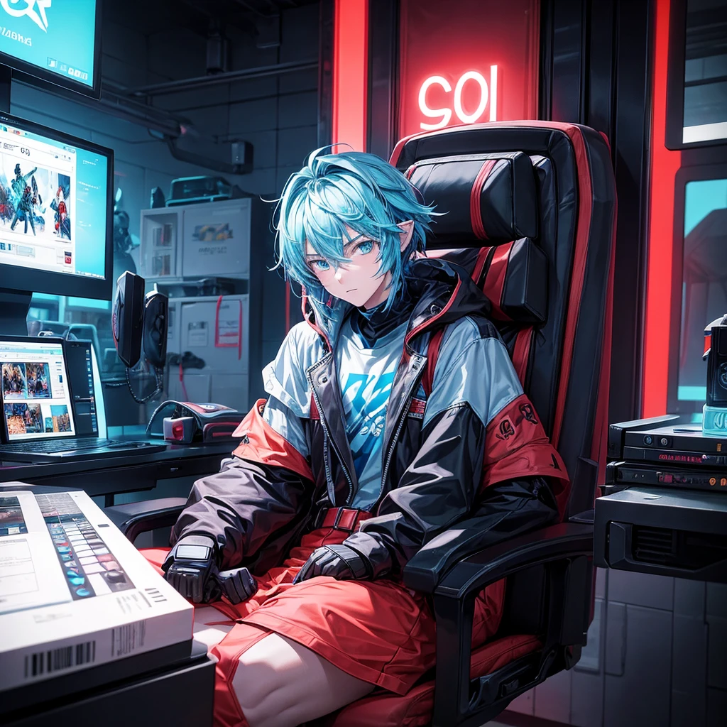 draw an avatar in anime style where a guy who looks 18 years old is sitting on a gaming chair at a computer and watching YouTube and there is something written on the chair in neon color "Fanikeers" There are machine guns on the walls and the room is lit in red. 