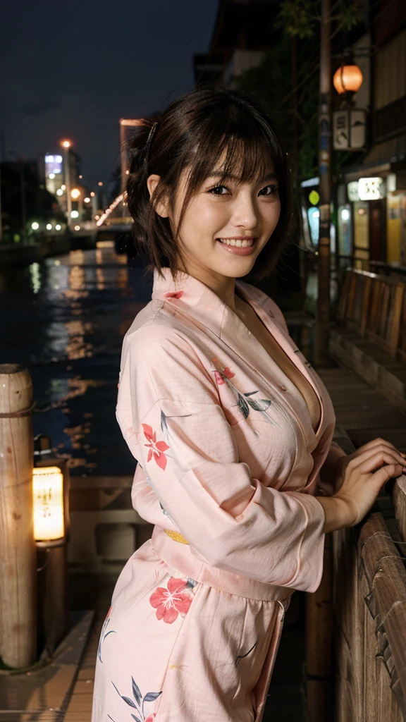 osaka city reference, city street with a river and a bridge at night and cruiser ship at middle of river, japanese city at night, japanese neon signs, japan at night, japanese city, glowing light, Bird eye view: A woman looking at the river、big breasts 、cleavage 、yukata、young woman、Japanese、cute、Laughing with mouth open、Bright expression、Cute yukata outfit、ボートに乗っている、