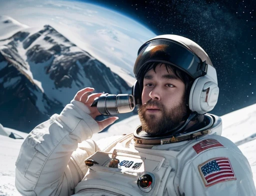 He has his mouth open, astonished, frightened Astronaut, bearded, plump, extremely thick thighs, large belly, fat, using a doll for observation, He holds the binoculars with both hands close to His Face, icy mountains, snowy place, the Astronaut using binoculars to observe( frontal image) Holding a pair of binoculars. dynamic photography.
