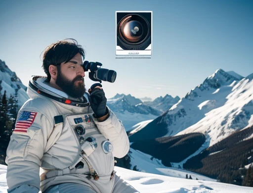 He has his mouth open, astonished, frightened Astronaut, bearded, plump, extremely thick thighs, large belly, fat, using a doll for observation, He holds the binoculars with both hands close to His Face, icy mountains, snowy place, the Astronaut using binoculars to observe( frontal image) Holding a pair of binoculars. dynamic photography.