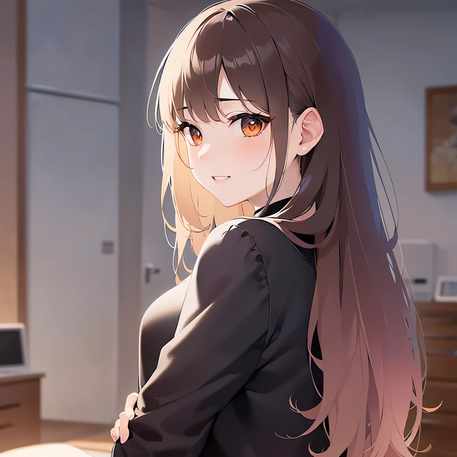 （looking back:1.5）,Upper Body,Wiping the desk、
 Realistic, real person, (pale skin: 1.2), RAW photo, photorealistic, shiny skin, shiny hair、
(A 25-year-old woman with medium-length hair and bangs) and (wavy hair) and (brown hair) and (orange eyes) 、
smile, Black long sleeve shirt、The background is the living room at night