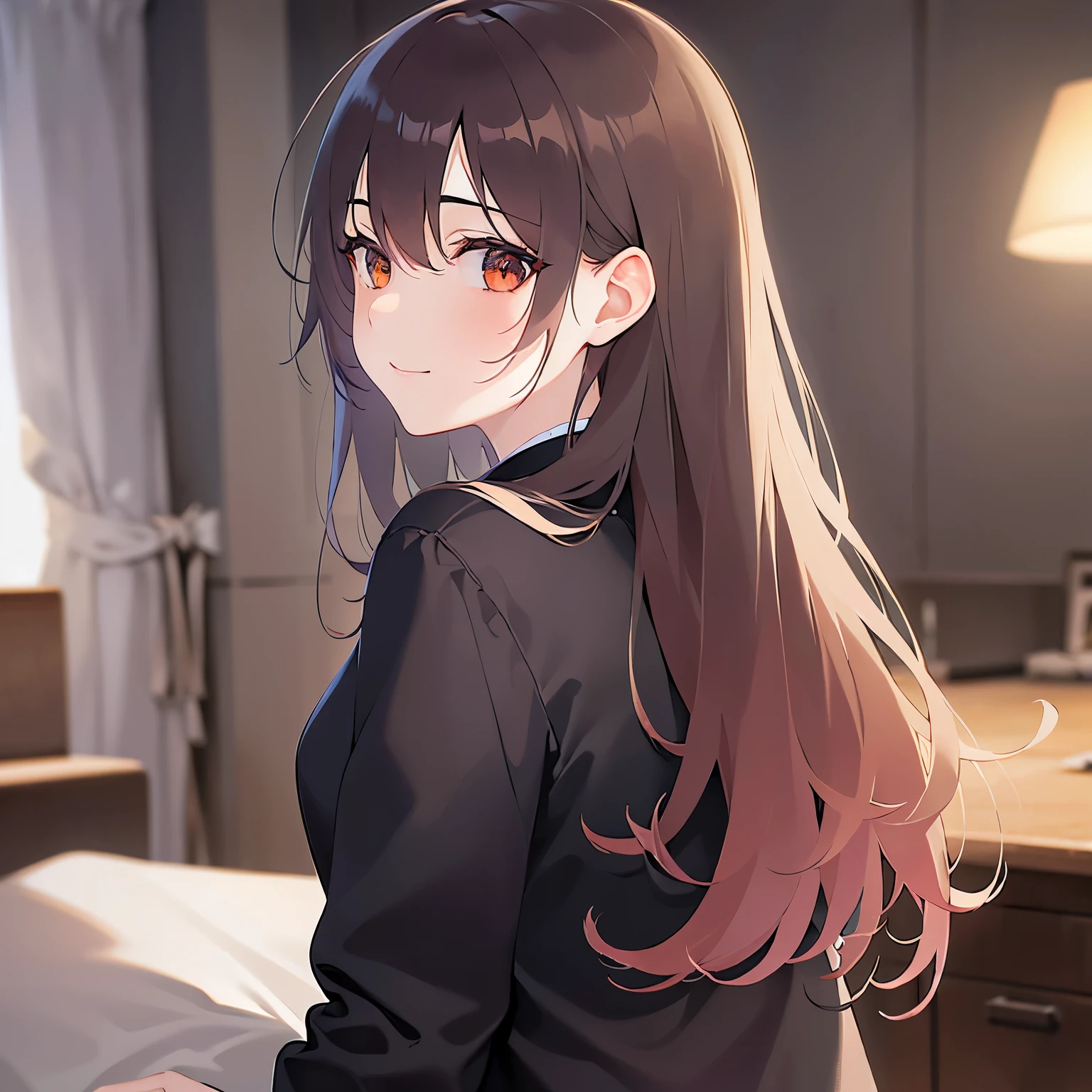 (looking back:1.5),Upper Body,Wiping the desk、
Realistic, real person, (pale skin: 1.2), RAW photo, photorealistic, shiny skin, shiny hair、
(A 25-year-old woman with medium-length hair and bangs) and (wavy hair) and (brown hair) and (orange eyes) 、
smile, Black long sleeve shirt、The background is the living room at night