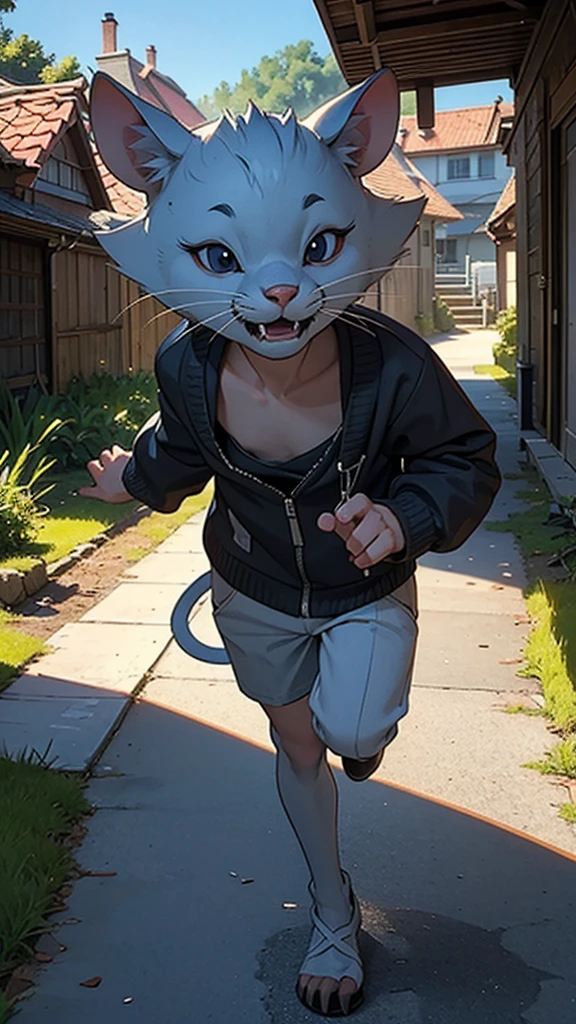 In cinematic 3d cartoon style Image description: Show the rat in a village environment. Its face is scared, and it looks around as if it is afraid of some danger. Show shadows of some big animals in the surrounding environment.
