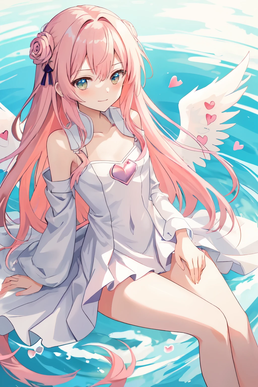 1_girl, (anime, kawai:2), (masterpeice, best_quality, clean:1.5), (sky_background:1.2), (cute, cute_smile, wholesome, young:2), (delicate, extremely_delicate, beautiful, thin:1.5), (girlfriend, angel:1.8), (green_eyes, simple_eyes:1.8) (long_hair, blond_hair:1.8), (combat:1.2), (wearing_pink_dress, pink_angel_wings:1.8), (combat:1.2), extremely_delicate, (love_magic:1.5), (age_size_fits_body), (small_thighs:1.3), (breasts), (eye_level:1.3), (heart_magic, love:1.8), (warm:1.8), (folded_legs:1.5)