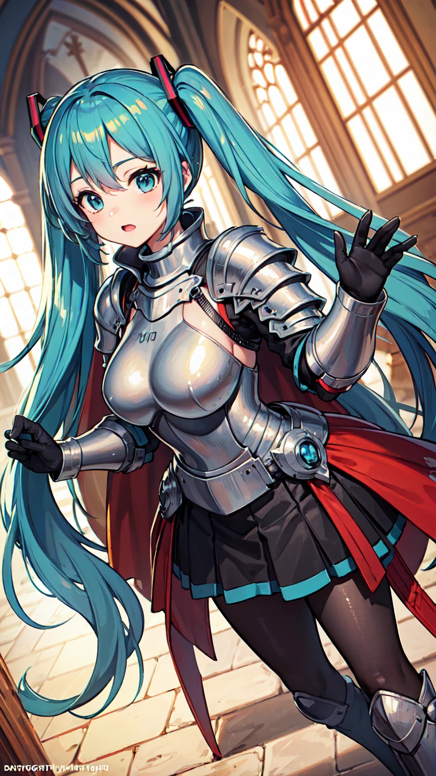 masterpiece, top quality, 8K Hatsune Miku VOCALOID, 1woman, ((dragon knight armor)), full armor, (knight armor), black tights, church