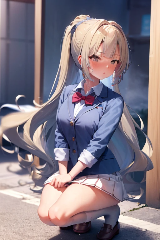 masterpiece, highest quality, High resolution, One girl, kei karuizawa, Blue Shirt, White Skirt, Jacket, red Jacket standing, squatting,leaking pee,peeing,trembling,puddle of peeing,pussy,Nsfw