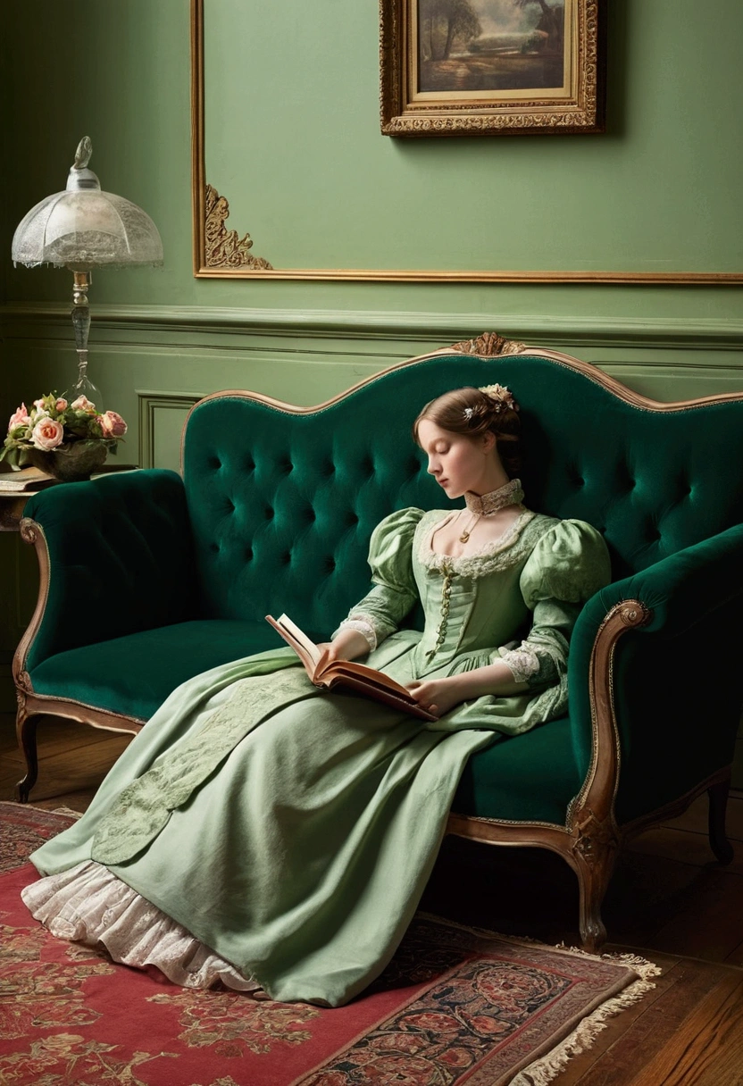 Create an artwork depicting a person in Victorian-era clothing, reclining on a green sofa with an open book resting on their chest. The setting should have a relaxed and serene atmosphere, with soft lighting that accentuates the folds of the clothing and the contours of the sofa. Include details such as a fallen book on the floor to suggest a moment of peaceful slumber or restful pause in an indoor environment.