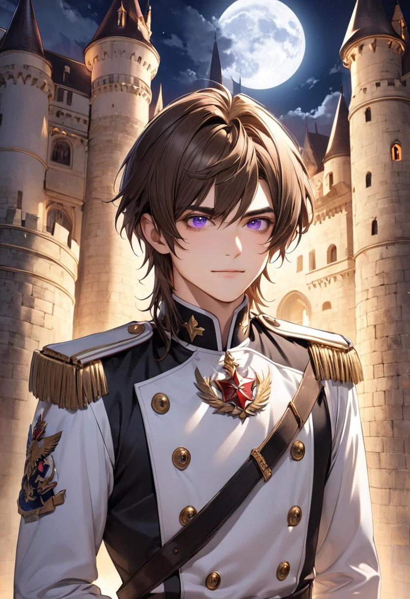 1 male Short brown hair and eyebrows Bangs with invisible forehead Side hair where ears are not visible Purple Eyes White military uniform full moon Castle courtyard