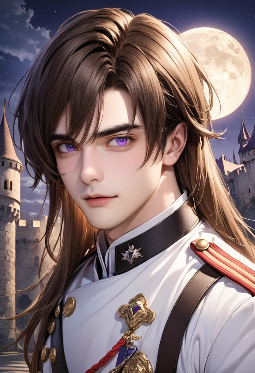 1 male　Brown hair and eyebrows　Long Bangs　 Purple Eyes　White military uniform　full moon　Inside the castle　