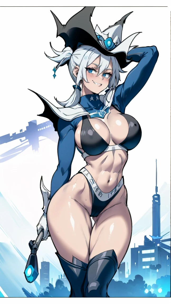 Silent magician, milf, old woman, white hair, sports Bikini, ((sports bikini azul, flushed, smile coqueta, black lipstick, muscle girl, stronger)), ((pen sketch style)), ink, detailed face, puffy lips, ((gothic make up)), ((black lipstick)), twintails, ((teacher)),, (( flushed, smile, oiled skin, mucha piel visible)), long hair, white hair, picking up her breasts, (( sports bikini, picking up her breasts)), curvy body, (( gigantic sagging breast, showing off her breasts, exhibitionism, usando solo guantes blancos y sombrero de mago blanco)), cuerpo desnudo, long legs, open legs , abs, womb tattoo , muscle, ((beefy, bodybuilder)), arms up,Iparuputsua, squat, ((en cuclillas)), on the beach at night, city lights in the distance, Cancun, image from below