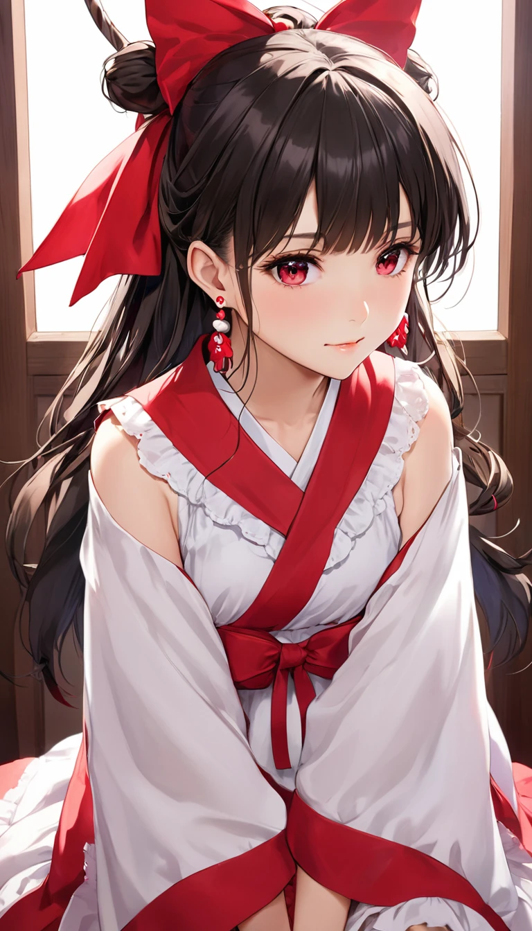 (masterpiece, Highest quality:1.2), One Girl, alone,Bony body、15 years old、Earrings、Reimu_it doesn't matter, Red dress, Shrine maiden, Shrine Background, One girl, masterpiece, Highest quality, Very detailed