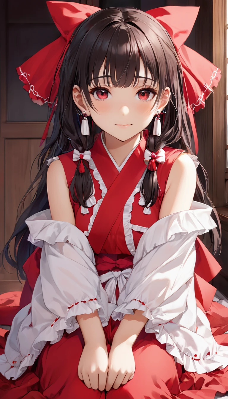 (masterpiece, Highest quality:1.2), One Girl, alone,Bony body、15 years old、Earrings、Reimu_it doesn't matter, Red dress, Shrine maiden, Shrine Background, One girl, masterpiece, Highest quality, Very detailed