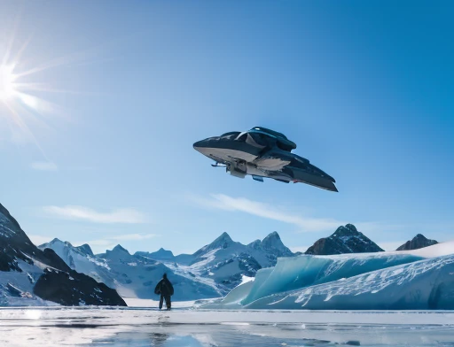  dynamic photography. Spaceship flying low over icy mountains 